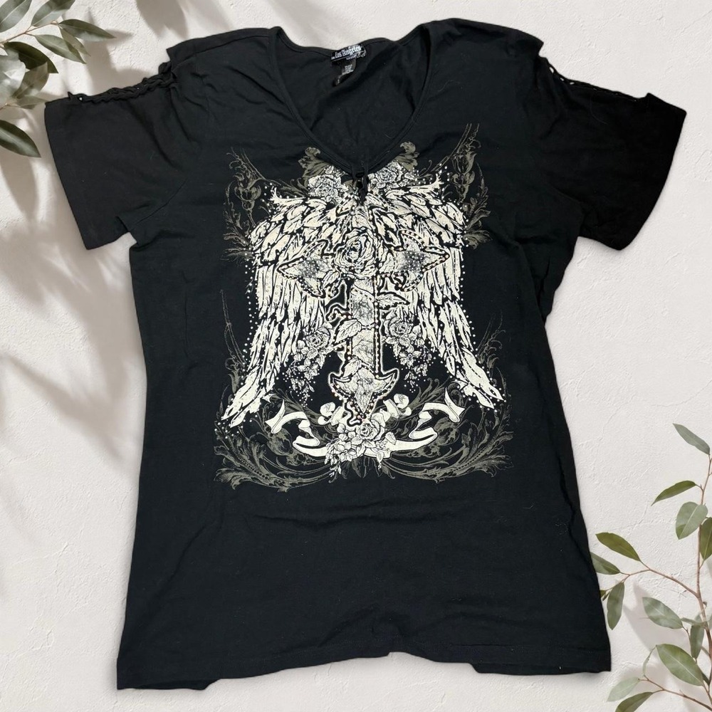 From Los Angeles Y2K Bedazzled Angel Cross Graphic Tee Black Grunge Oversized
